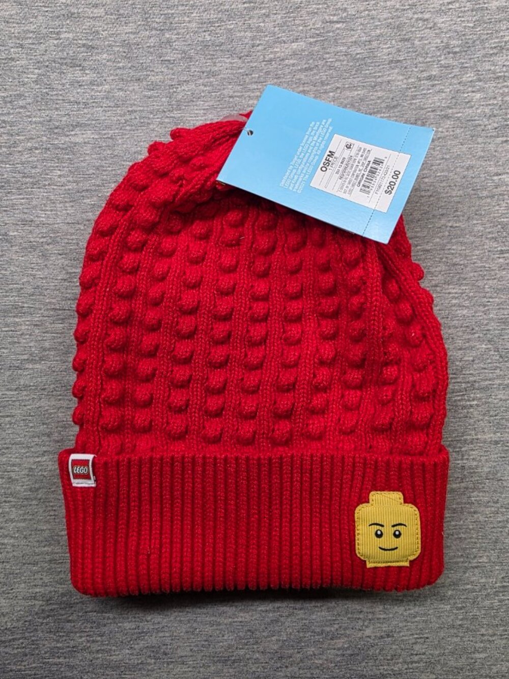 NWT LEGO Red Waffle Knit Beanie Hat Minifigure Patch Adult OSFM